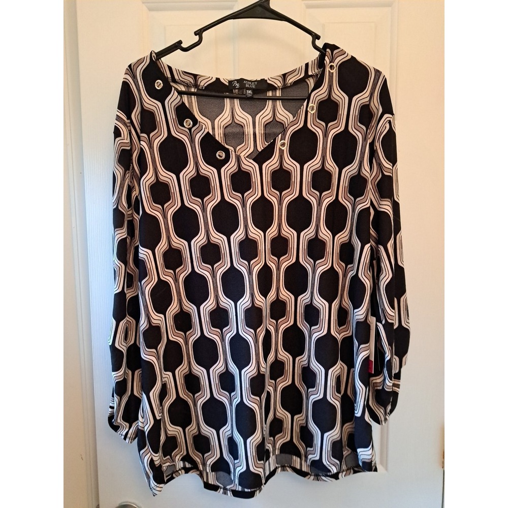 NWT Ashley BLUE Women's Top Size 3 X Geo TUNIC V Neck 3/4 Sleeve 60's Retro MOD